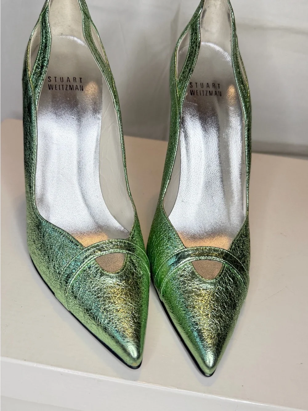 Stuart Weitzman Metallic Lime Green Cutout Pointed-Toe Pumps - Picture 2 of 6